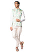 MULTICOLOUR WALLPAPER DIGITISED HANDPAINTED OFFWHITE WAISTCOAT, FAGGOTTING DETAIL WHITE SHIRT AND OFFWHITE PANTS + MULTICOLOUR STRIPE SHOES